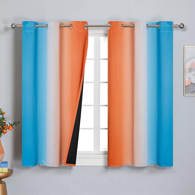 Ombre Orange and Blue Blackout Curtains 45 Inch Length 2 panels, Full Room Darkening Curtains for Bedroom, Thermal Insulated Gradient Drapes, Full Light Blocking Curtains with Grommet, 42x45 Inch