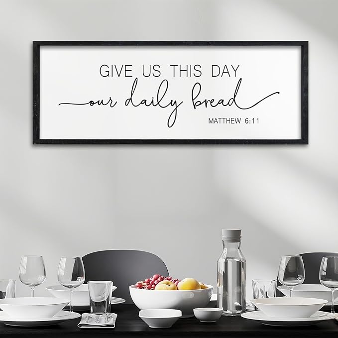 Surfapans Kitchen Wall Decor Give Us This Day Our Daily Bread Sign 32"x12" Scripture Matthew 6 11 Bible Verse Christian Dining Room Large Wood Plaque Framed Rustic Farmhouse Hanging Art (Black
