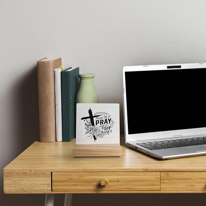 Pray on It Pray Over It Pray Through It Prayer Desk Small Wood Sign Signs with Wooden Stand,Inspirational Christian Sign Decor for Home Church,Christian Gifts for Women Men Teen Girls Boys