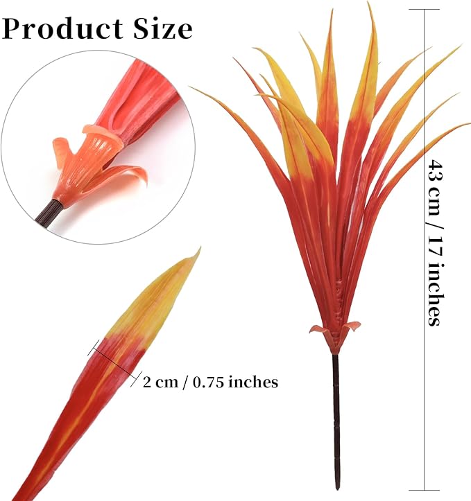 8 pcs Fall Artificial Flowers for Decoration, Fake Artificial Tall Grass Plants for Outdoors, Orange Faux Tropical Greenery Autumn Front Porch Patio Garden Outside Plastic Shrubs Bushes