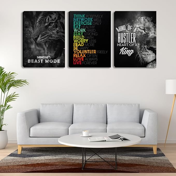 3 Pieces Mindset Wall Decor Posters Room Decor for Men Motivational Tiger Wall Art for Office Inspirational Picture Painting Poster Prints Canvas Wall Art Home Framed Decorations(36" Wx16 H)