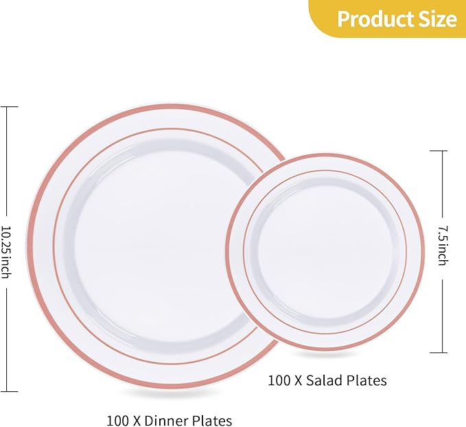 Goodluck 200PCS Rose Gold Plastic Plates, Heavy Duty Disposable Rose Gold Plates with 100 10.25 inch Dinner Plates and 100 7.5 inch Dessert Plates. Disposable Plates for Party, Wedding, Valentines