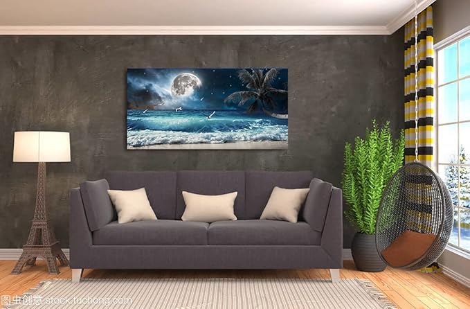 Yxbhhym Moon Ocean Decor Beach Wall Art Seascape Painting Sea Canvas Poster Prints Landscape Plam Pictures Artwork for Living Room Decor Wall Decorations large Framed Wall Art -20x40inches