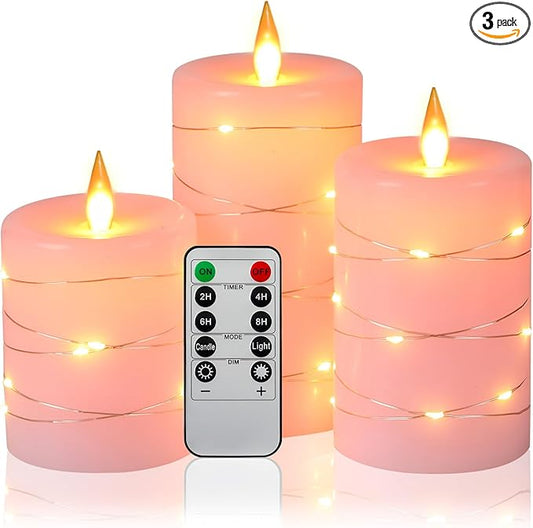 Da by Flameless Candles with String Lights，Battery Operated Candles,LED Flickering Candles with Remote Control and Timer, Real Wax, 3 Pack-Pink