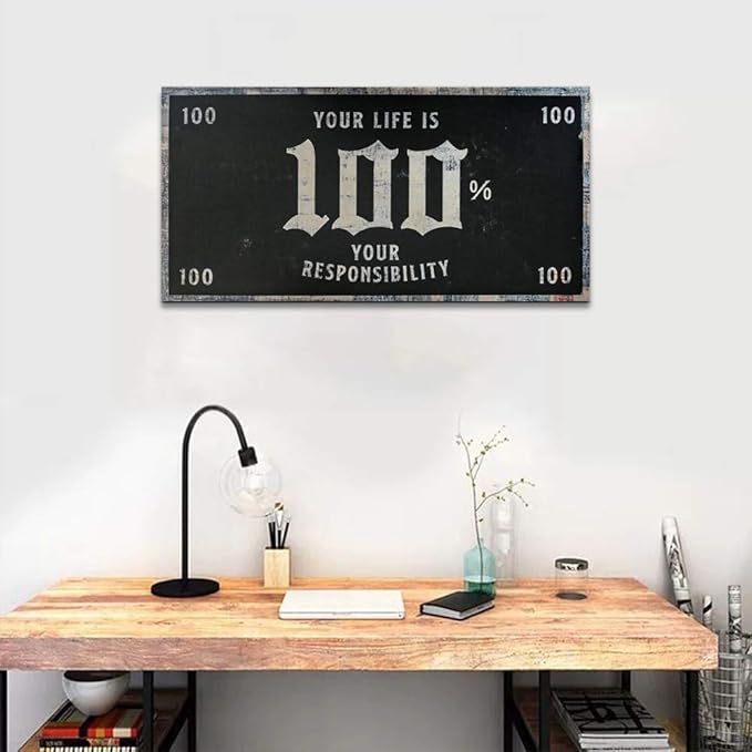 Inspirational Office Art Works Your Life is 100% Your Responsibility Positive Quotes Wall Art Motivational Framed Posters Prints HD Print for Living Room Bedroom Wall Decor Easy to Hang-32"Wx16"H
