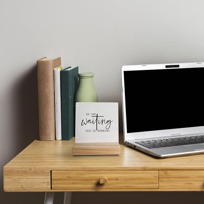 In the Waiting God is Working Christian Desk Small Wood Sign Signs with Wooden Stand,Inspirational Religious Sign Decor for Home Office Church,Positive Christian Gifts for Women Men Teens