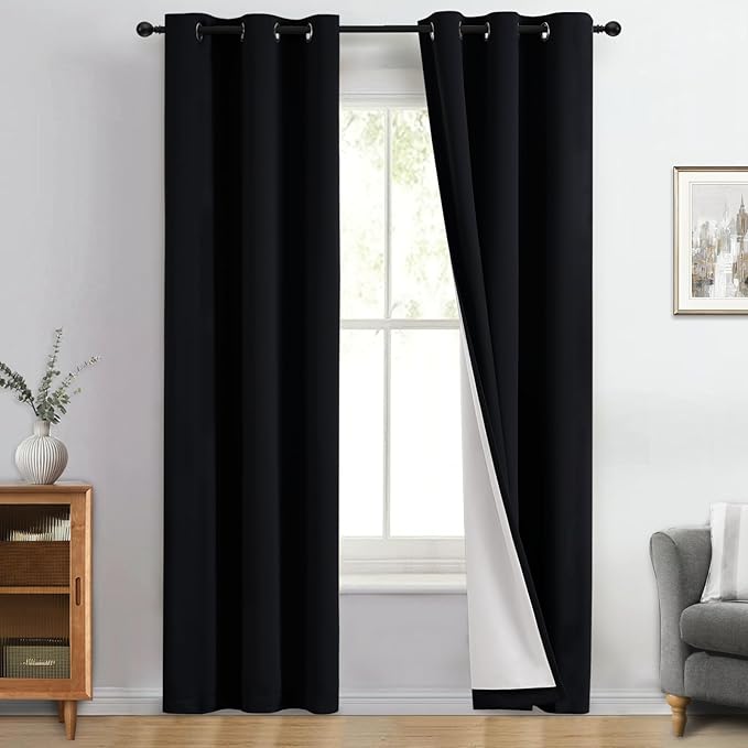 Yakamok 100% Blackout Curtain Panels 84 inches Cold and Light Blocking Drapes for Nursery, 2 Thick Layers Thermal Insulated Draperies (2 Pieces, 40 Wide Each Panel, Black Front with White Backing)