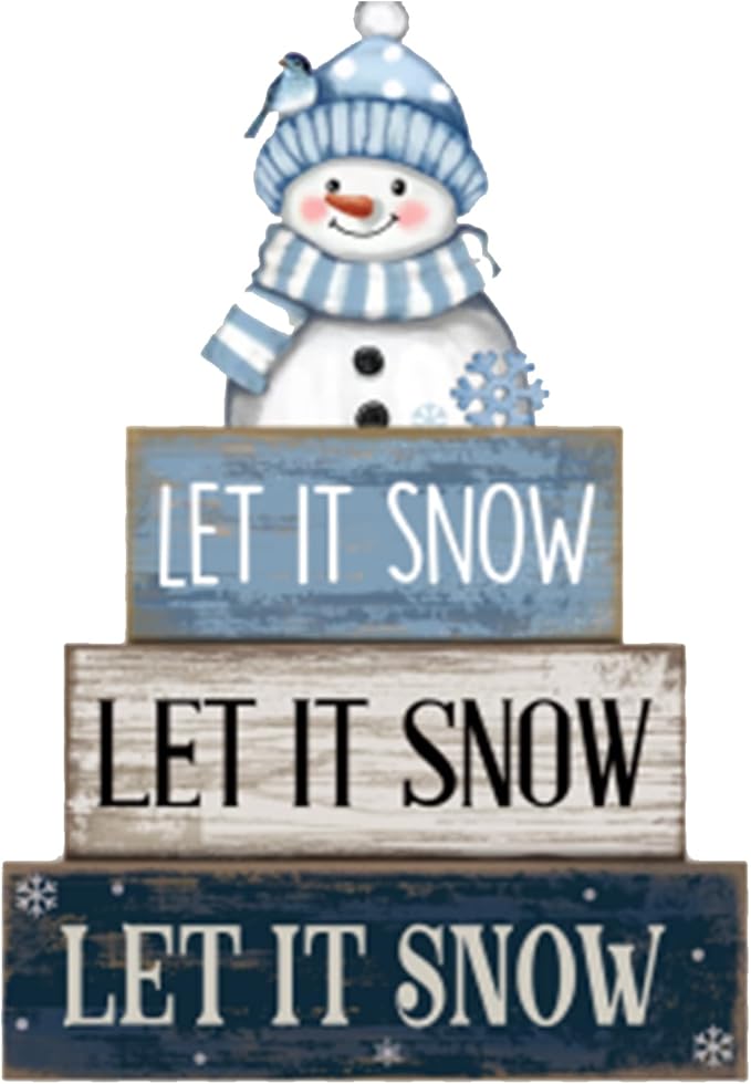 4 Pcs Christmas Wooden Tabletop Decor Snowman Blue Tiered Tray Decor Christmas Plaid Block Signs Centerpiece Farmhouse Winter Let It Snow Table Decoration for Home Kitchen Shelf