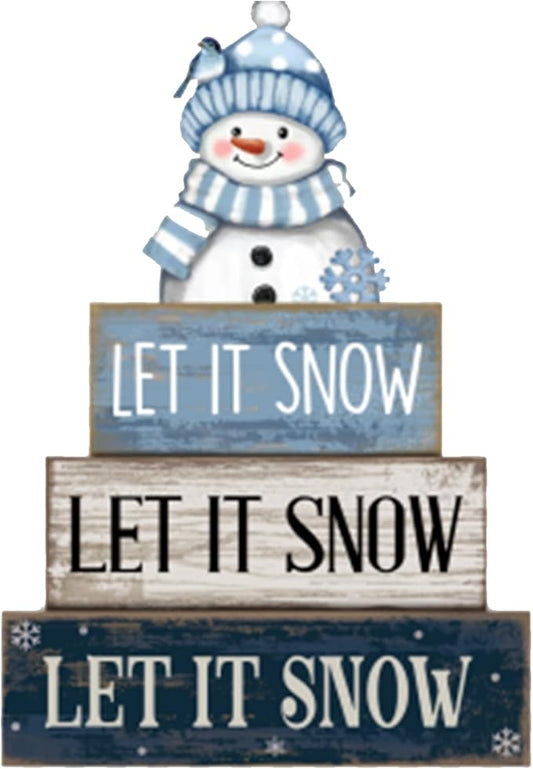 4 Pcs Christmas Wooden Tabletop Decor Snowman Blue Tiered Tray Decor Christmas Plaid Block Signs Centerpiece Farmhouse Winter Let It Snow Table Decoration for Home Kitchen Shelf