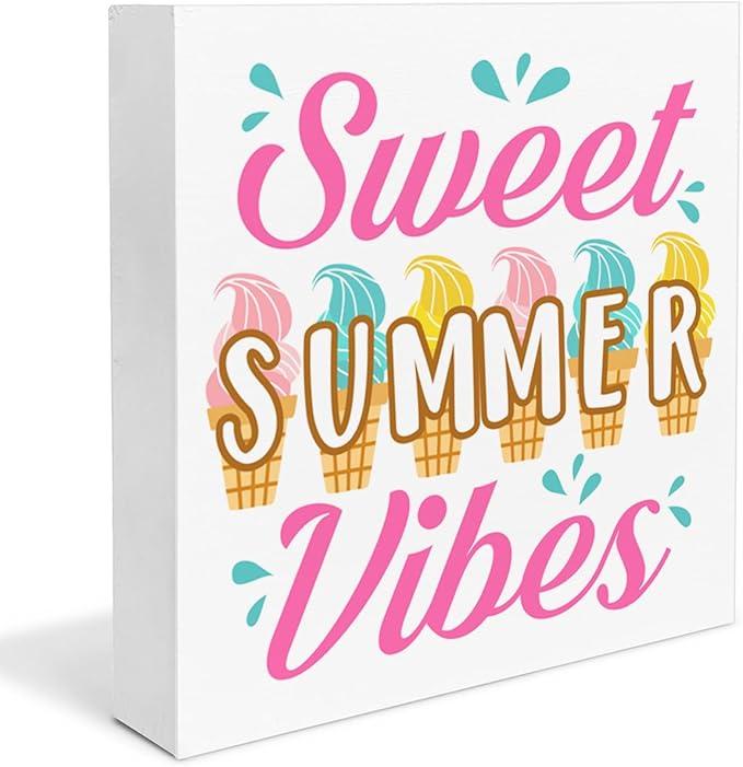 Summer Decor Sweet Summer Vibes Wood Block Sign Home Kitchen Desk Table Shelf Decoration
