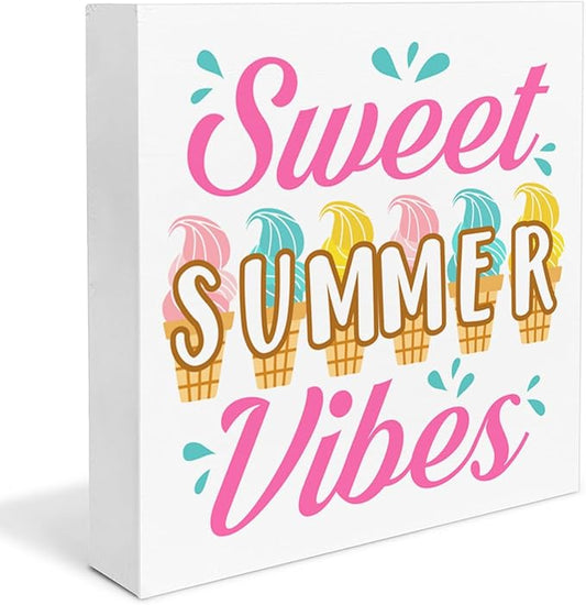 Summer Decor Sweet Summer Vibes Wood Block Sign Home Kitchen Desk Table Shelf Decoration