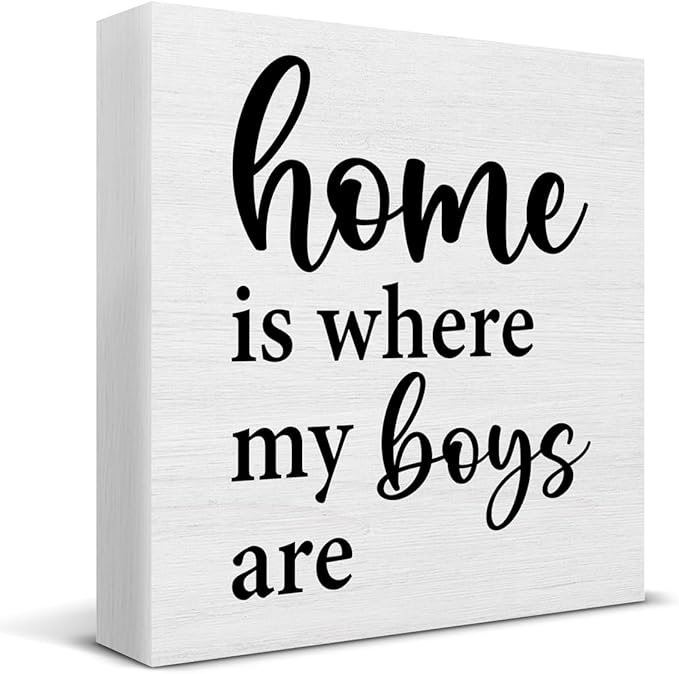 Home Is Where My Boys Are Wood Sign Family Quote Mom Gift Wooden Sign Decoration Home Living Room Bedroom Desk Shelf Table Decor 5 X 5 Inch