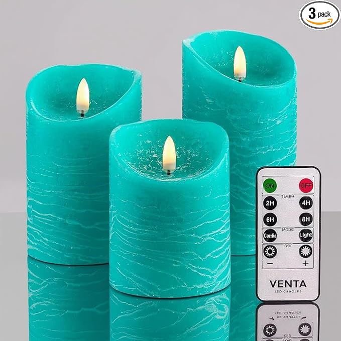 VENTA Turquoise Real Wax Flameless Candles, Set of 3 | Realistic Teal LED Pillar Candles with Remote & Timer | Perfect for Coastal, Beach House & Nautical Decor