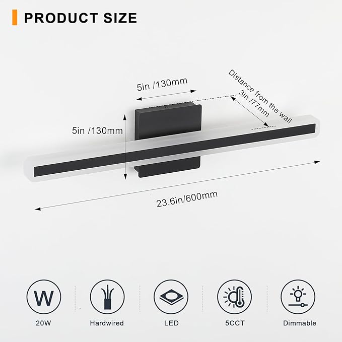 24 inch Black Bathroom Light Fixture 5 Color Temperature Dimmable LED Vanity Lights Bathroom Vanity Lights Over Mirror Light Bar Vanity Lighting Fixtures 5CCT