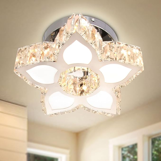 FRIXCHUR Crystal Ceiling Light Small Flower Chandelier Flush Mount Light Fixture for Kitchen Hallway Dining Room Bedroom Girls Room (Warm White)