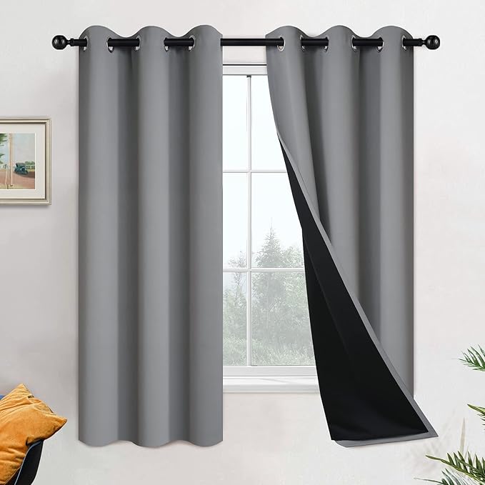 Yakamok 63 Inch Length 100% Blackout Curtains for Bedroom, 2 Thick Layers Thermal Insulated Grommet Total Blackout Drapes with Black Liner for Living Room (42Wx63L,Grey, 2 Panels)