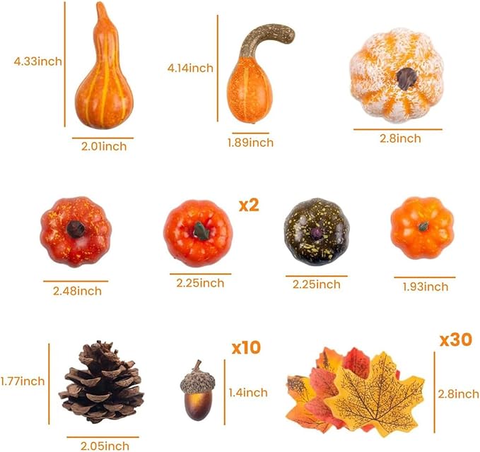DomeStar Pumpkins for Decorating- 8 Assorted Mini Fake Pumpkins, 30pcs Autumn Leaves, 10pcs Acorns, 2pcs Pine Cones for Thanksgiving Harvest Decor, Halloween, Fall Baby Shower & Table Centerpieces