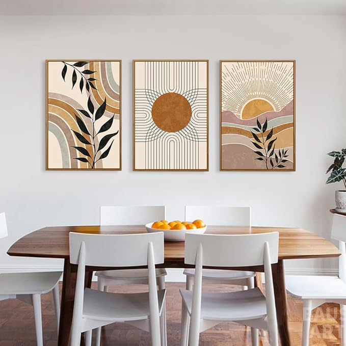 HPINUB Boho Framed Canvas Wall Art Prints, Set of 3 Mid Century Modern Wall Decor, Nature Plants Desert Sun Art Paintings, Bohemian Artwork for Living Room, Bedroom, Dining Room, Office - 24"x36"x3