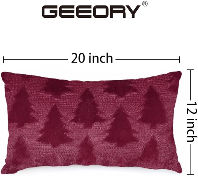 GEEORY Christmas Tree Throw Pillow Covers 12x20 Inch Set of 2, Xmas Winter Soft Plush Faux Fur Wool Decorative Farmhouse Holiday Cushion Case for Home Decoration (Wine Red) GC009-12