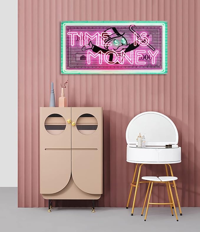Time Is Money Show me the Money Motivational Office Canvas Art Green Pink Inspirational Wall Art Canvas Print Home Office Room Decor Inspirational Gifts for Men HD Print Framed Easy to Hang-32 Wx16 H