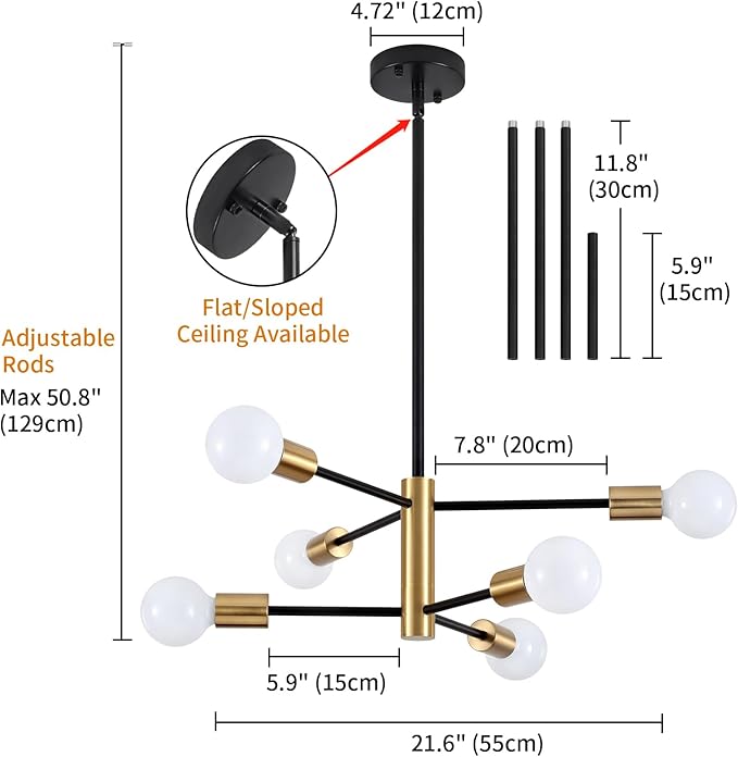 Modern Chandelier Sputnik Light Fixtures, Mid Century Chandelier Dining Room Lights, 6-Light Black and Gold Bedroom Ceiling Light Chandeliers for Living Room Kitchen