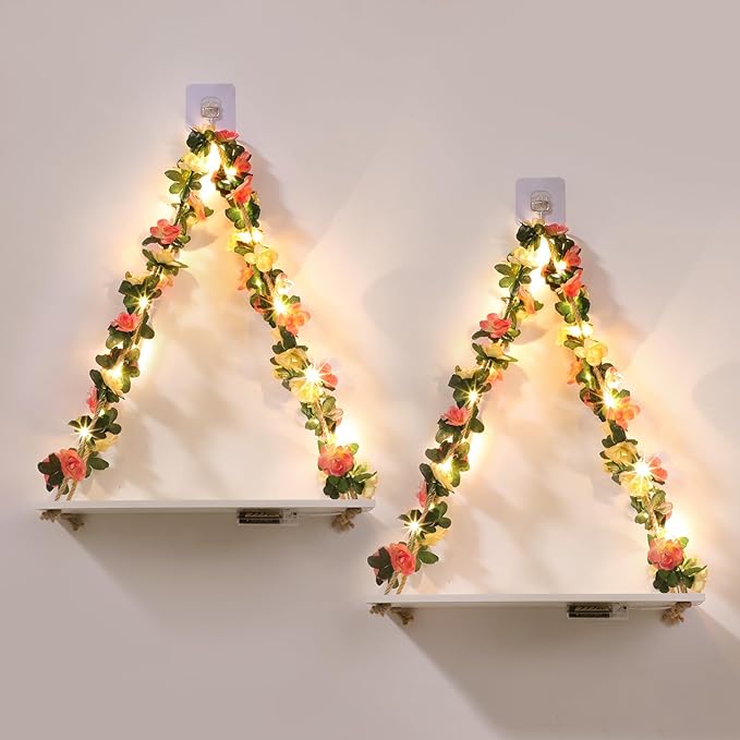 Floating Shelves for Wall No Drilling,Wall Dcorations Art,Hanging Shelf,Leaves and Light Strip with Flower,Set of 2 Plant Decor for Home House Livingroom Bedroom Officer,Boho Decor,Gifts for Woman