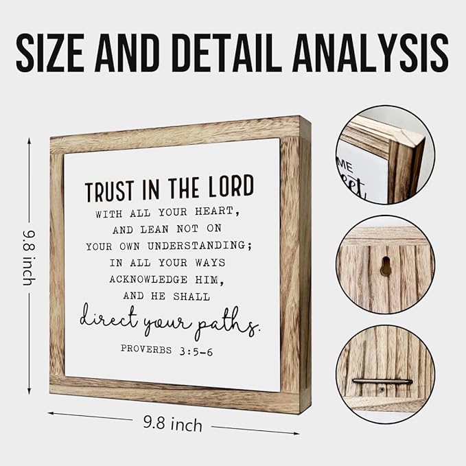 Christian Wooden Plaques Box Signs 9.8 * 9.8, Scripture Desk Decor, Farmhouse Living Room Decor, Proverbs 3:5-6 Trust In the Lord Sign