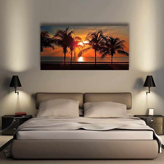 Beach Canvas Wall Art Seascape Theme Pictures Home Decor Blue Ocean Coconut Tree Sunset Prints Paintings for Living Room Bathroom Bedroom Kitchen Office Decoration Natural Scenery Artwork 28x57 inches