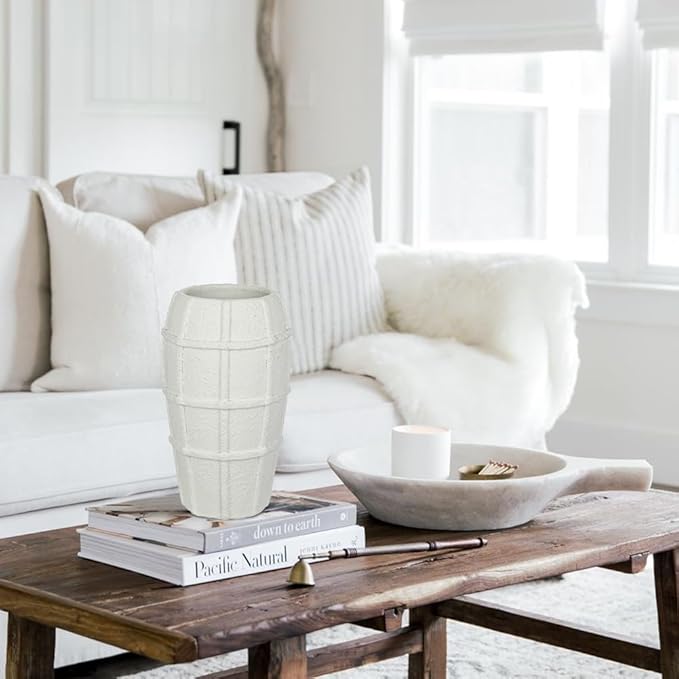 Briful Rustic Terracotta Flower Vase for Home Decor – 9" White Farmhouse Textured Barrel-Style Ceramic Vase Vintage Handcrafted Gridded Design for Faux & Dried Flowers Living Room Table Centerpiece