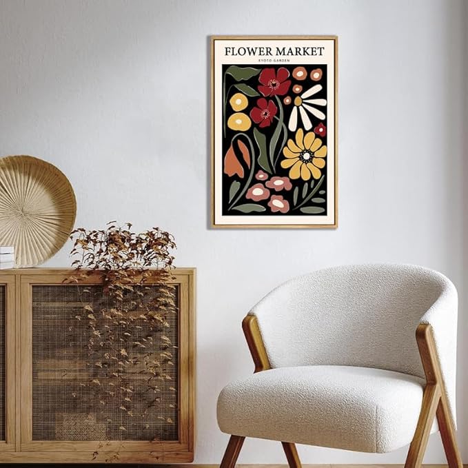 Gufro Framed Flower Market Wall Art,Floral Pictures Wall Decor,Abstract Colorful Botanical Painting for Living Room, Bedroom, Office-24x32in