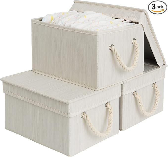 StorageWorks Storage Bins with Lids, Decorative Storage Boxes with Lid and Soft Rope Handles, Foldable Storage Baskets for Closet, Shelves, Stackable, 3-Pack, Ivory and White, Medium