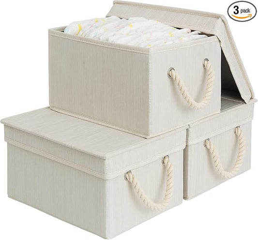 StorageWorks Storage Bins with Lids, Decorative Storage Boxes with Lid and Soft Rope Handles, Foldable Storage Baskets for Closet, Shelves, Stackable, 3-Pack, Ivory and White, Medium