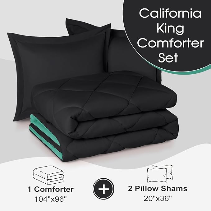 Basic Beyond California King Comforter Set, Black/Mint Leaf Comforter Set Cali King for All Seasons, 1 Comforter 104"x96" and 2 Pillow Shams 20"x36"+2"