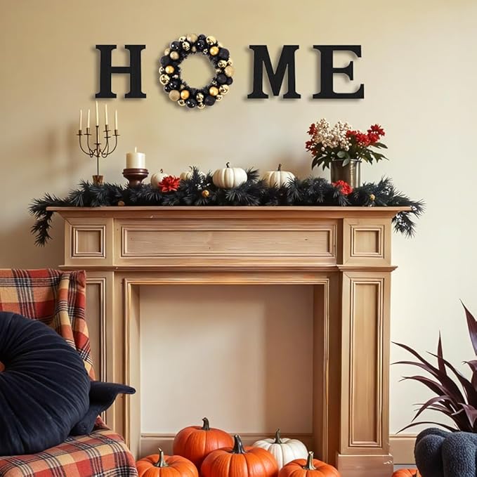 Wooden Home Sign with Artificial Halloween Wreath for O, Hanging Farmhouse Wall House Decor Wood Letters for Wall Art Rustic Home Decor Living Room Kitchen Entryway