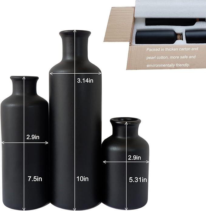Matte Black Ceramic Vase Set, 3 Small Rustic Decorative Vases for Modern Farmhouse Office Home Decor, Living Room Centerpieces Decoration for Table Mantel Entryway Shelves Decor