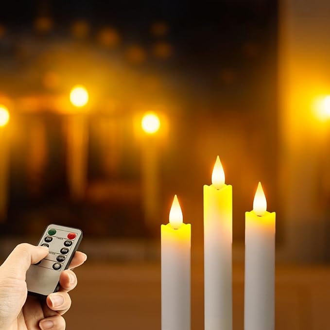Homemory Rechargeable Flameless Taper Candles, Real Waxy LED Candlesticks Flickering, Battery Operated Candles with Remote Timer, 9.6 Inches for Home Wedding Christmas Decor, 6 Pcs, White