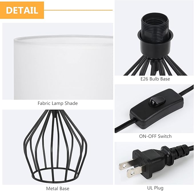 HAITRAL Modern Bedside Table Lamp - Minimalist Small Lamp with Hollowed Out Base Linen Fabric Shade,Metal Nightstand Lamp for Bedroom Living Room Side Table Desk Kids Room- Black/White