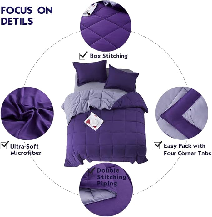 HIG 3pc Down Alternative Comforter Set - All Season Reversible Comforter with Two Shams - Quilted Duvet Insert with Corner Tabs - Box Stitched - Super Soft, Fluffy (King/Cal King, Purple)
