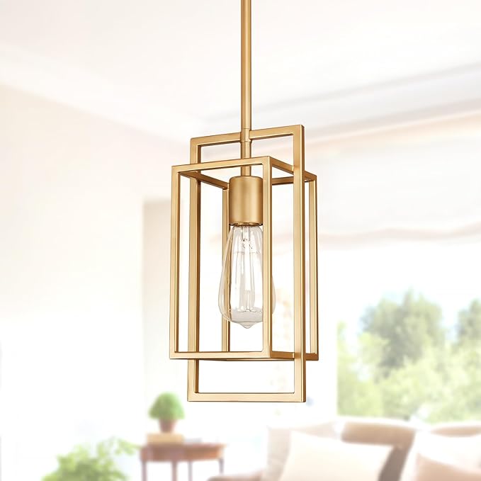 Muted Gold Pendant Lighting Fixture with Geometric Metal Cage, 1-Light Industrial Mini Lamp for Kitchen Island, Cafe Bar, Dining Room
