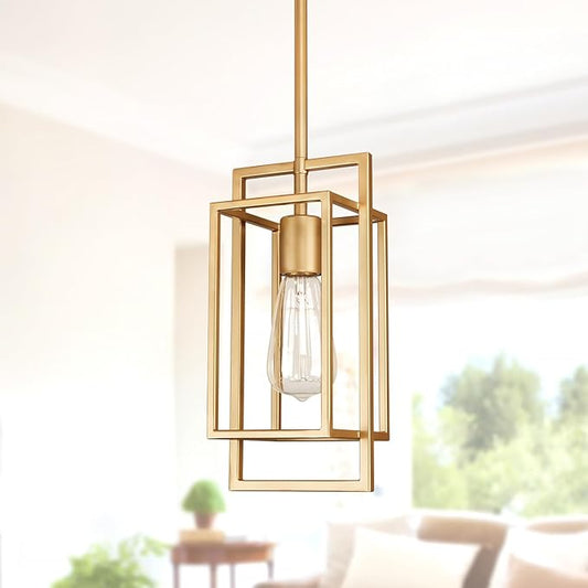 Muted Gold Pendant Lighting Fixture with Geometric Metal Cage, 1-Light Industrial Mini Lamp for Kitchen Island, Cafe Bar, Dining Room