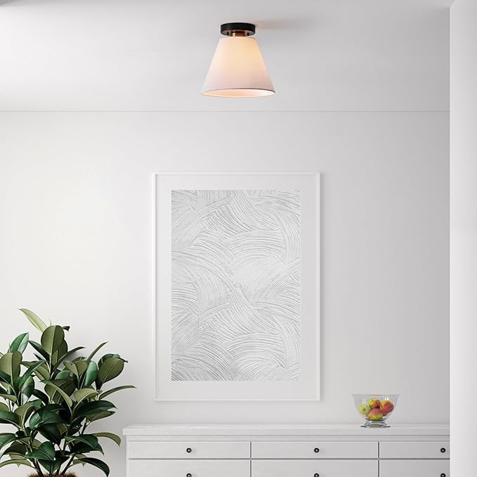 GLOBE Electric 66000137 1-Light Semi-Flush Mount Light, Matte Black, Matte Brass Accent, White Linen Shade, Modern Ceiling Light Fixture for Kitchen Island, Hallway, Living Room, or Bedroom