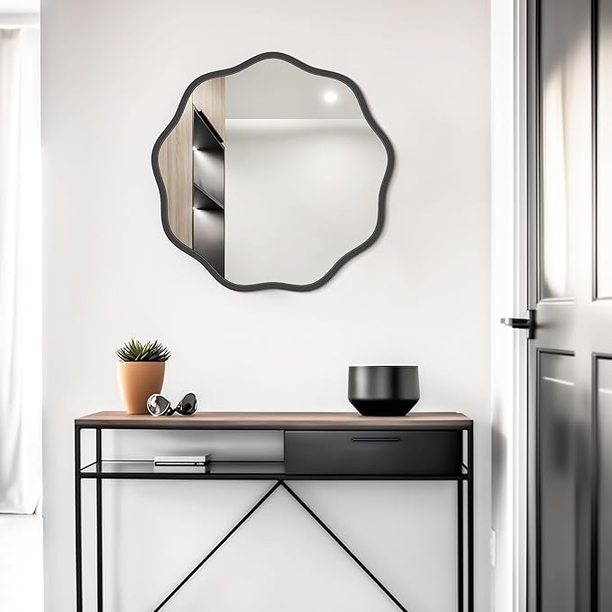 WallBeyond Round Wavy Mirror for Wall Decorative 20 inch, Modern Round Mirror Aluminum Frame for Bathroom Bedroom Living Room Home House Office Entryway, Black