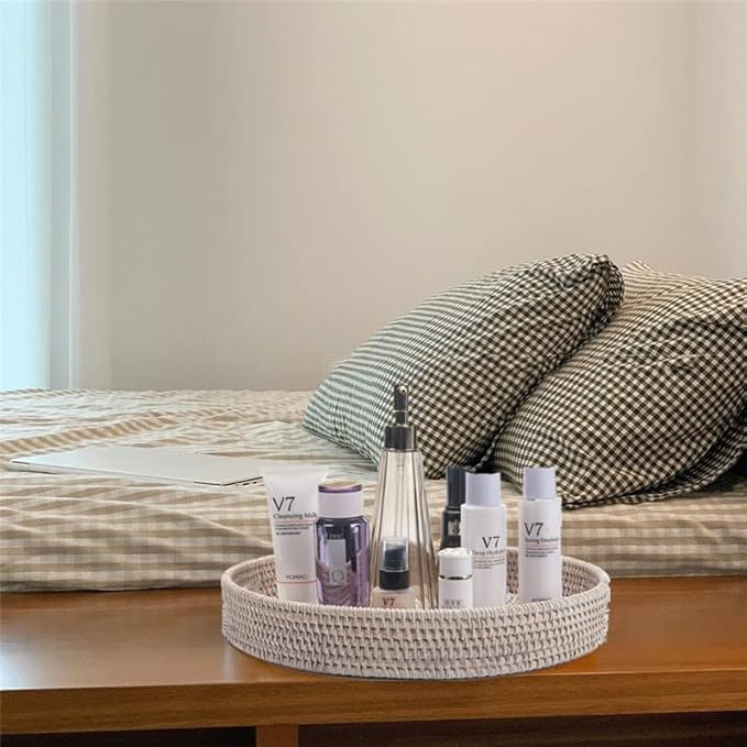 11.8 inch Round Rattan Tray, Decorative Coffee Table Trays, Ottoman Tray, Woven Serving Tray with Handles, Wicker Serving Basket, Whitewash