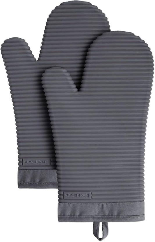 KITCHENAID Ribbed Soft Silicone Oven Mitt 2-Pack Set, 7.5"x13", Charcoal Grey
