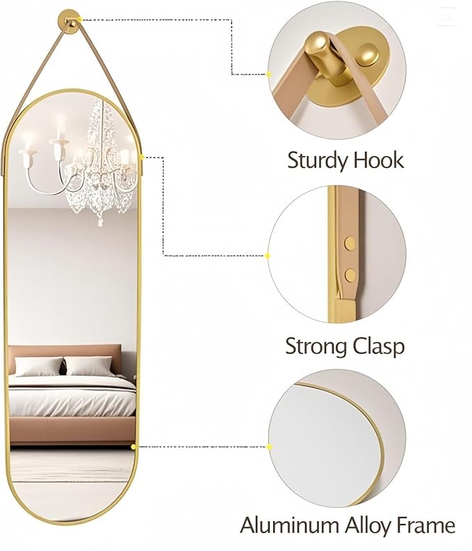 16"x48" Oval Full Length Mirror with Leather Strap Hanging Mirror with Aluminum Frame, Oval Gold Wall-Mounted Mirrors for Living Room Bedroom Entryway Décor, Gold
