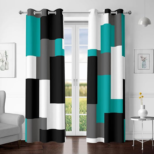 Teal/Turquoise 100% Blackout Curtains for Bedroom 63 inch Length 2 Panels Set White Grey Modern Abstract Geometric Black Out Curtains Room Darkening Window Drapes for Living Room, 42Wx63L