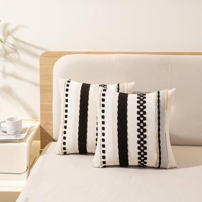 Boho Throw Pillow Covers 18x18 Set of 2 Farmhouse Decorative Cushion Case Striped Square Pillows Cover Chenille Pillow Cases Accent Neutral Pillowcase for Sofa Couch Bed,Black