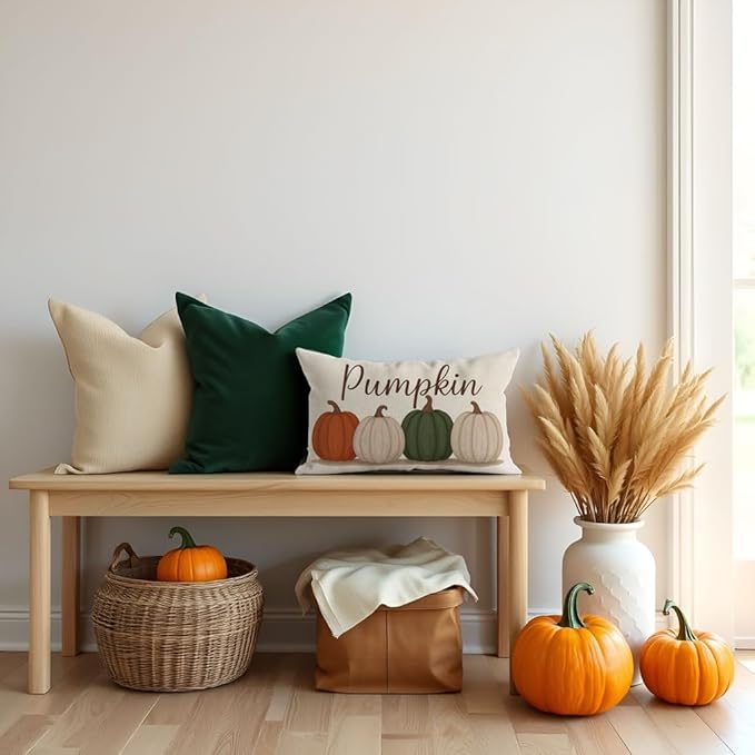 PANDICORN Fall Olive Green Orange Pumpkin Pillow Covers 12x20, Fall Thanksgiving Decorations for Home Decor, Outdoor Autumn Lumbar Decorative Cushion Case for Living Room Bedroom Sofa Couch Porch