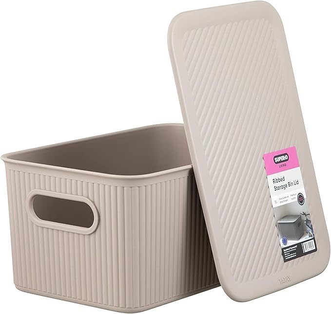 Superio Ribbed Collection - Decorative Plastic Lidded Home Storage Bins Organizer Baskets, Medium Taupe (1 Pack - 5 Liter) Stackable Container Box, for Organizing Closet Shelves Drawer Shelf