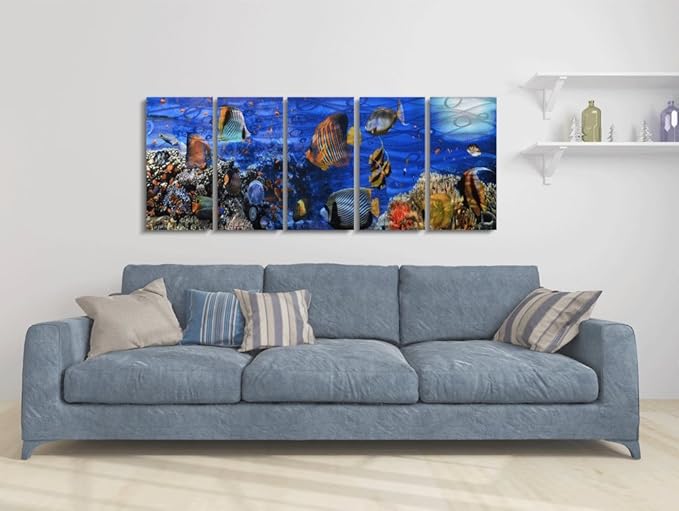 Yihui Arts Cosatal Metal Wall Art, Large Nautical Metal Wall Art in Modern Ocean Design, 3D Outdoor Pictures Wall Decor, 5 Panels, Metal School of Fish Art